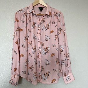 Worthington See-Through Lightweight Floral Pink Button Down Blouse size Small